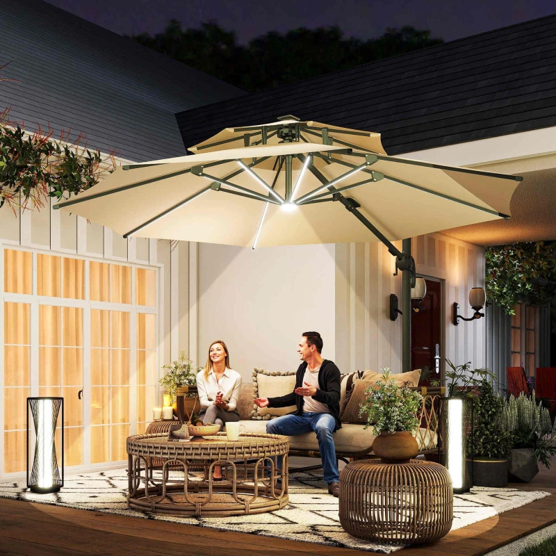 Image of Outsunny 3(m) Cantilever Roma Parasol with LED Solar Lights, Crank & Tilt Beige - Outsunny 5056399122262