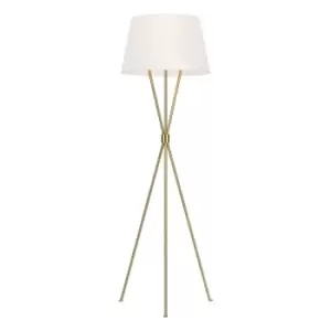 Image of Floor Lamp Tripod Base Crossed Mid Stem White Shade Burnished Brass LED E27 60W