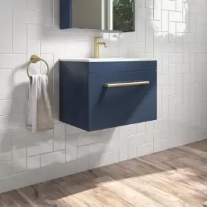 Image of 600mm Blue Wall Hung Vanity Unit with Basin and Brushed Brass Handle - Ashford