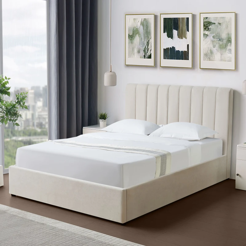 Image of Artemis Home Evelynne Fabric 135cm Double Ottoman Bed Frame with Storage in Beige Beige Unisex Double