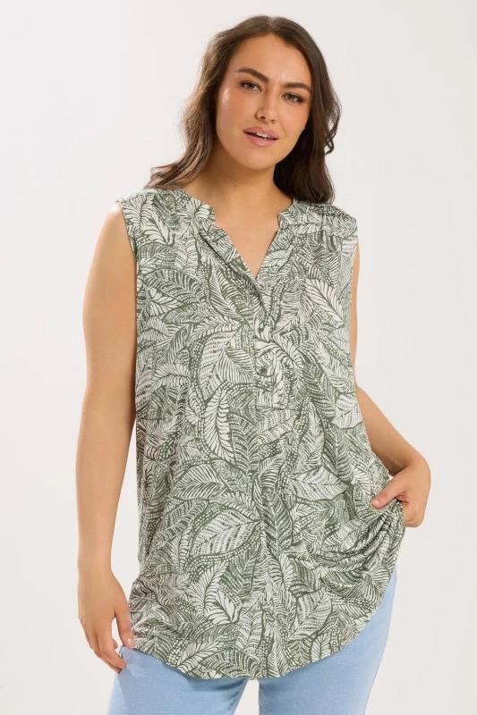 Image of Yours Womens Leaf Print Sleeveless Blouse in Green Size: 16 Green Female 16