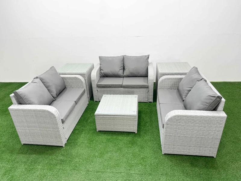 Image of Fimous 6 Seater PE Wicker Rattan Furniture Sofa Sets with Square Coffee Table 2 Seater Love Sofa 2 Side Table Light Grey Light Grey