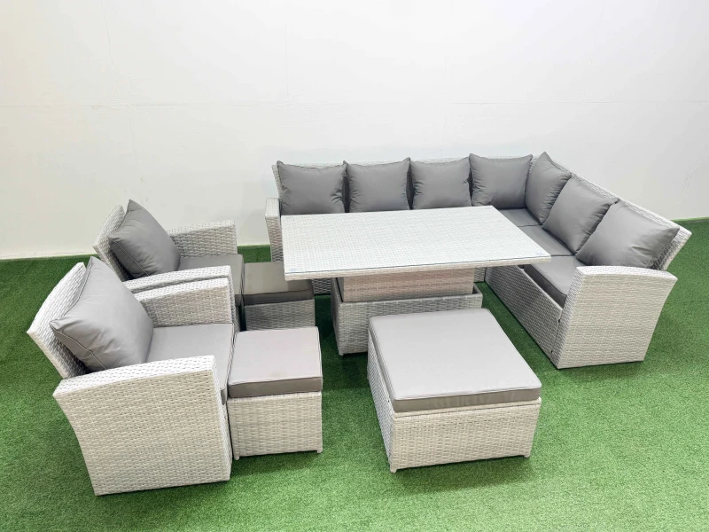 Image of Fimous 11 Seat Rattan Garden Furniture Corner Sofa Set with Stools Light Grey Light Grey Unisex
