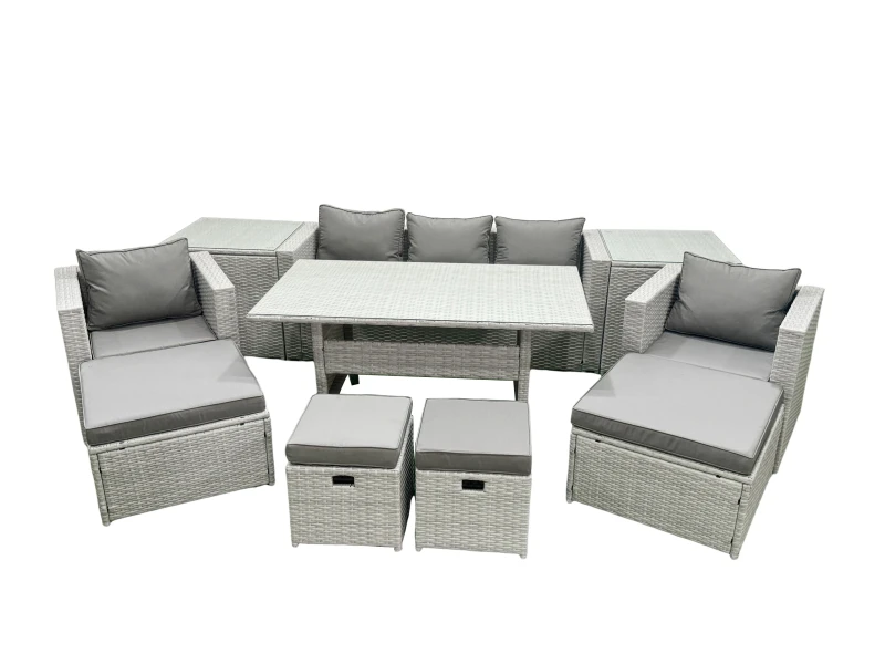 Image of Fimous Rattan Garden Furniture Set Outdoor 9 Seater Patio Dining Sets with Glass Top Dining Table and 2 Side Tables Light Grey Mixed Light Grey