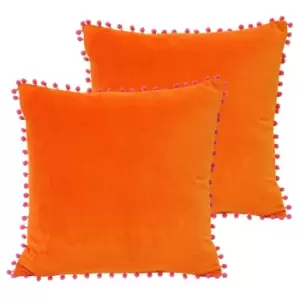 Image of Paoletti Velvet Pom-Pom Twin Pack Polyester Filled Cushions Orange/Fuchsia