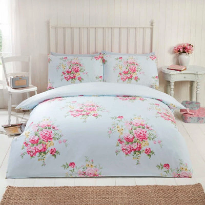 Image of Rapport Home Kate Flannelette Floral Cotton Duvet Cover Set With Pillowcase in Blue Size: Super King Blue Unisex Super King