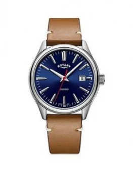 Image of Rotary Rotary Blue And Silver Detail Date Dial Tan Leather Strap Mens Watch