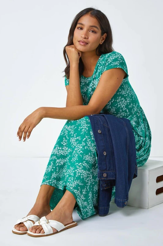 Image of Roman Womens Ditsy Gathered Skirt Stretch Midi Dress in Green Size: 14 Green Female 14