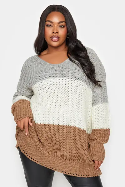 Image of Yours Colour Block Knitted Jumper Light Beige