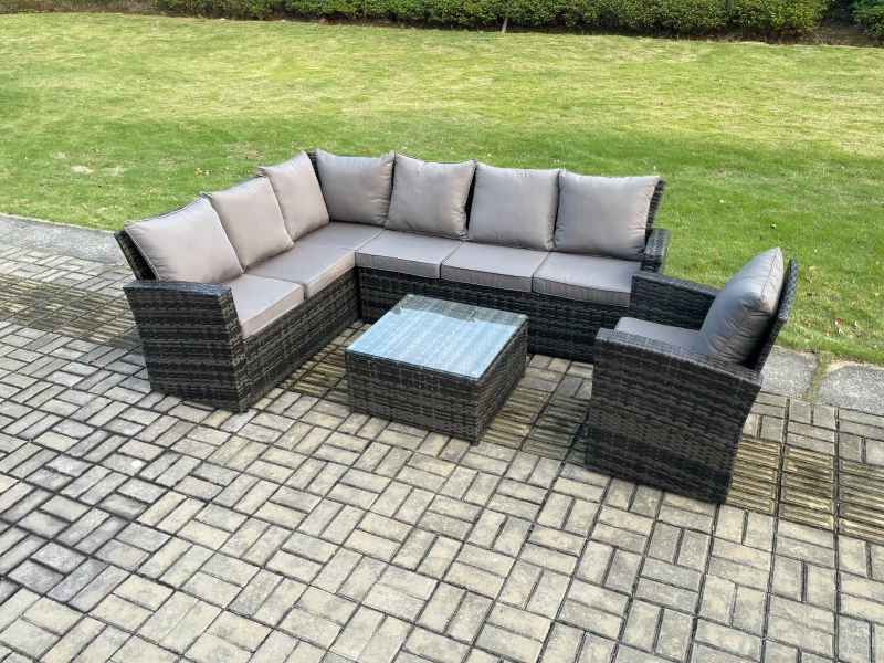 Image of Fimous 7 Seater Outdoor Furniture Garden Dining Set Rattan Corner Sofa Set with Square Coffee Table Armchair Dark Grey Mixed Dark Grey Unisex