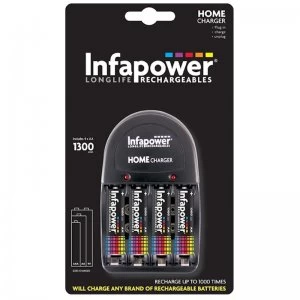 Image of Infapower Home Battery Charger + 4 x 1300mAh AA Rechargeable Batteries