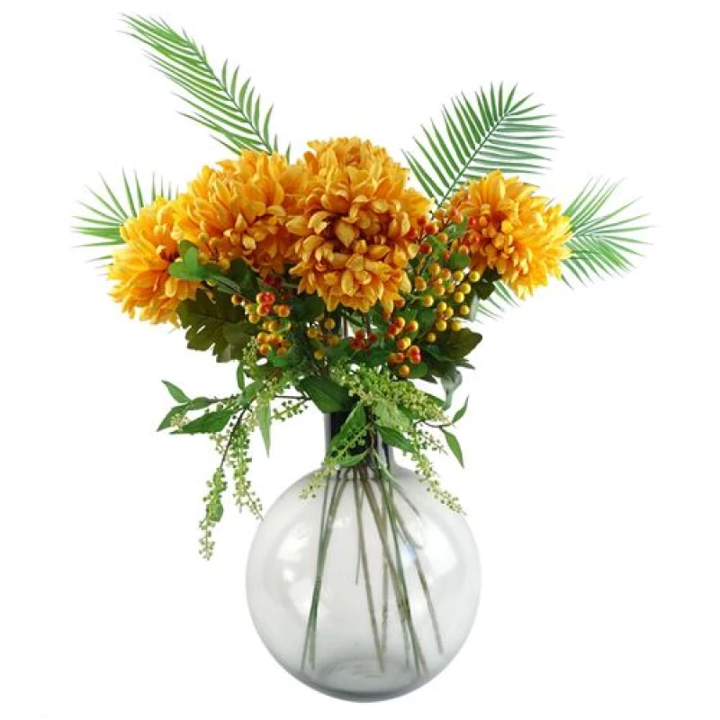 Image of Leaf Leaf 100cm Yellow Chrysanthemum Glass Ball Vase Green