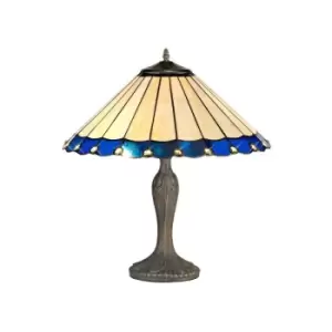 Image of Luminosa Lighting - 2 Light Curved Table Lamp E27 With 40cm Tiffany Shade, Blue, Crystal, Aged Antique Brass