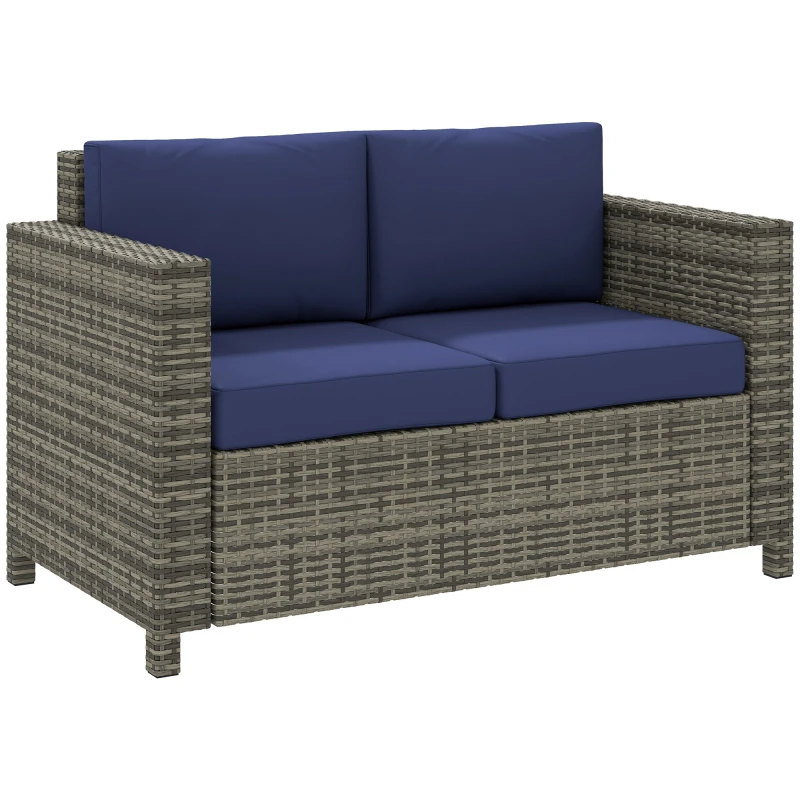 Image of Outsunny Rattan Wicker 2-seat Sofa Loveseat Padded Garden Furniture Blue 860-031V70DB