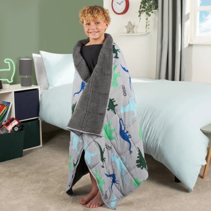 Image of OHS OHS Weighted Blanket Kids Dino Sensory Sleep Therapy Anxiety Soft Teddy Fleece Throw in Grey Grey One Size Unisex 5027434169931