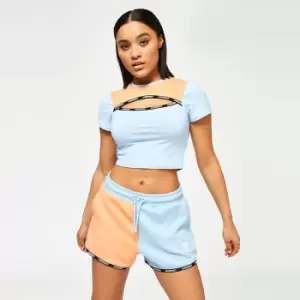 Image of 11 Degrees Womens Taped Colour Block Cut Out Slim Fit Short Sleeve T-Shirt - Baby Blue / Coral - UK 8/EU 36