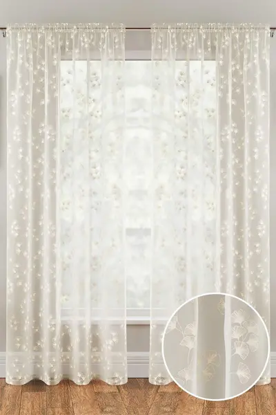 Image of Tyrone Textiles Delila Leaf Print Voile Panel - Pair Cream