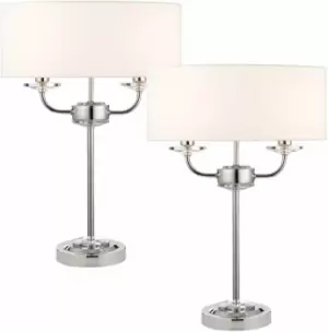 Image of 2 PACK Twin Light Table Lamp Bright Nickel & White Shade Crystal Trim Bedside