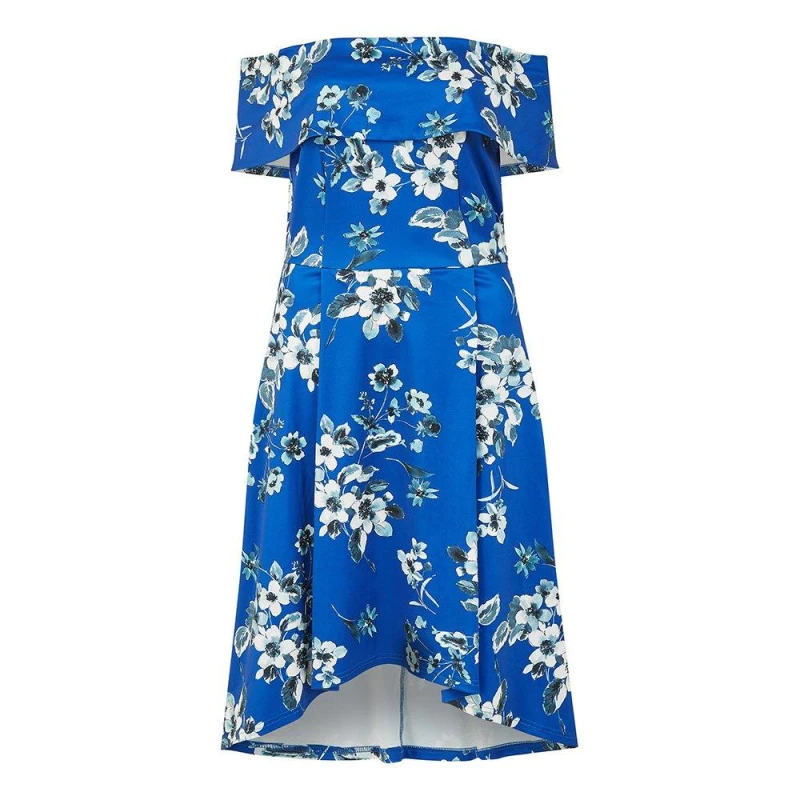 Image of Mela Blue Floral Bardot Dipped Hem Dress Blue female