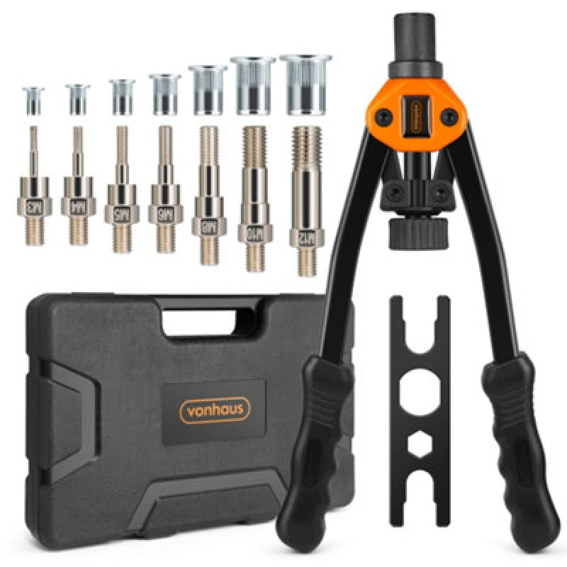 Image of Vonhaus Rivet Nut Gun - Rivnut Tool - Hand Riveter Pliers Set - 7 Mandrels M3-M12 And 150 Pcs Assorted Rivnuts With Carrying Case