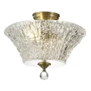Image of Luminosa Talisa 2 Light Semi Flush Ceiling Lamp E27 With Round 38cm Patterned Glass Shade Antique Brass, Clear