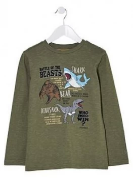 Image of FatFace Boys Long Sleeve Battle Of The Beasts Print T-Shirt - Khaki, Size 6-7 Years