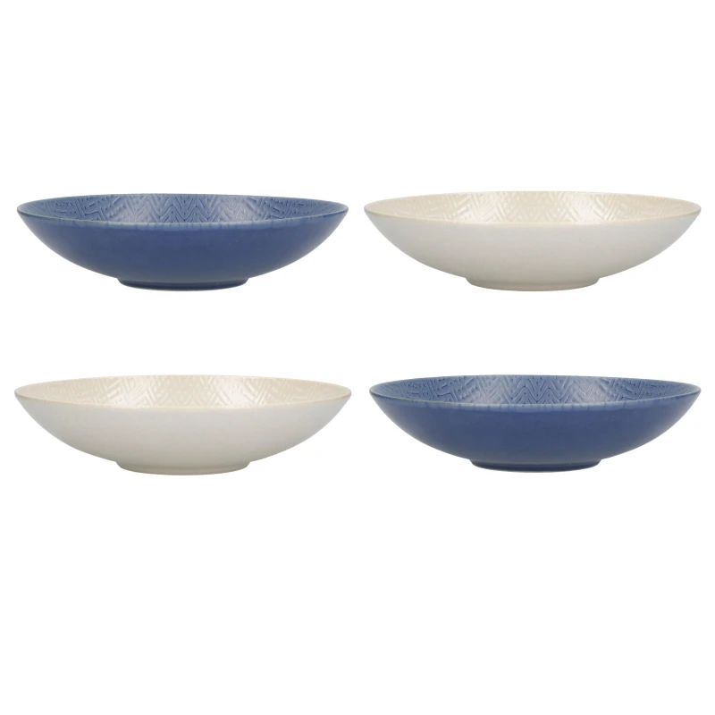 Image of Kitchencraft Set of 4 Embossed Blue and Cream Pasta Bowls in Gift Box, Lead-Free Glazed Stoneware Blue