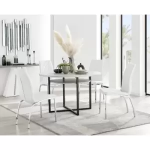 Image of Furniturebox Adley Grey Concrete Effect 120cm Storage Dining Table & 4 White Isco Silver Leg Faux Leather Chairs