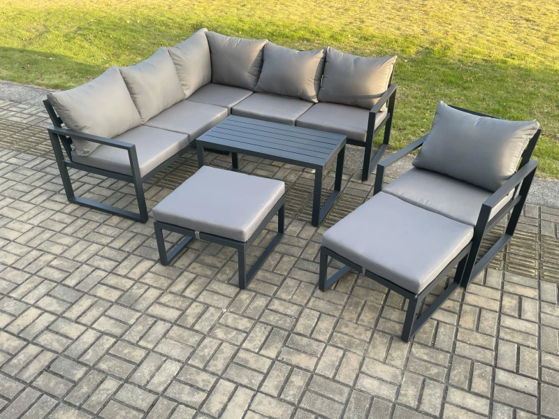 Image of Fimous Aluminium Outdoor Garden Furniture Set Lounge Sofa Oblong Coffee Table Sets with Chair 2 Big Footstools Indoor Conservatory Set Dark Grey Dark