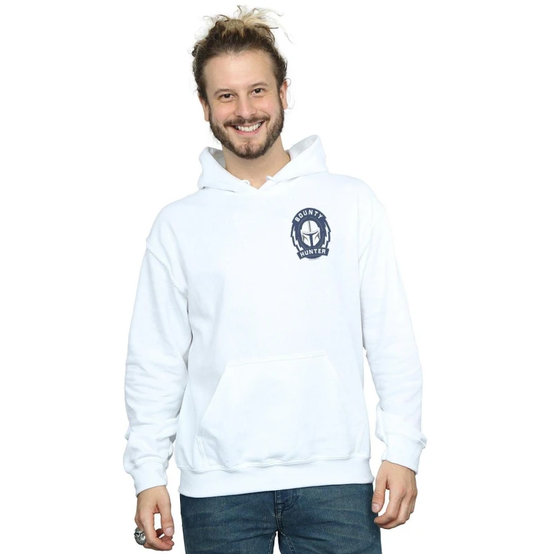 Image of Star Wars Star Wars Men The Mandalorian Bounty Hunter Badge Breast Print Hoodie in White Size: Small White S Male 5059400121100