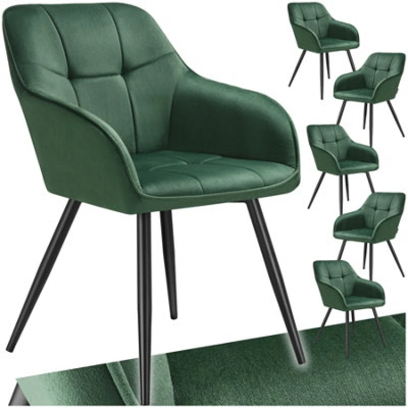 Image of Tectake Set Of 6 Dining Chair Marilyn - Velvet Look, Quilted Pattern - Dark Green / Black