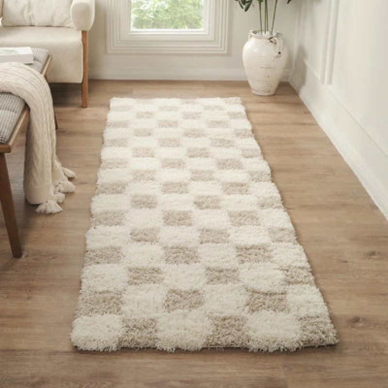 Image of Livabliss Shaggy Modern Plush Pile Light Beige Checkered Willa Runner Rug 80 X 220 Cm - Easy Care, Ideal For Hallway Or Beside The Bed