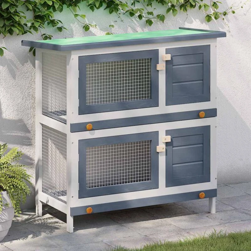 Image of vidaXL Outdoor Rabbit Hutch 4 Doors Grey Wood Pet House Habitat Cage Carrier
