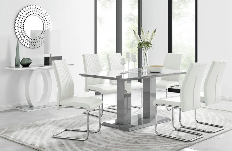 Image of FurnitureboxUK FurnitureboxUK Imperia Grey Modern High Gloss Dining Table And 6 Lorenzo Dining Chairs Set in Off White Off White One Size Unisex 50565