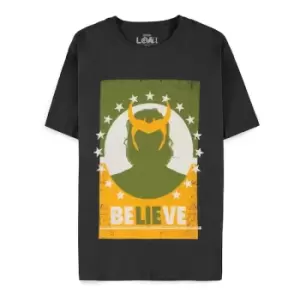 Image of Marvel Comics Loki Believe Poster Mens Large T-Shirt - Black