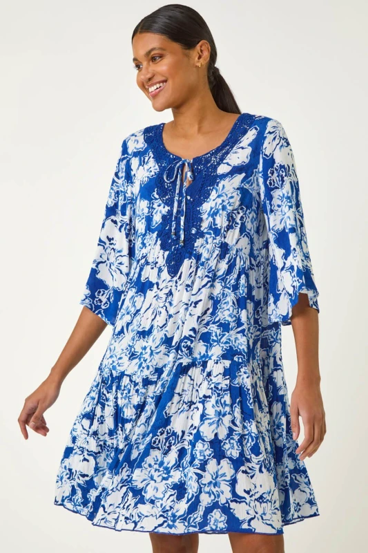 Image of Roman Shadow Floral Lace Smock Dress Blue
