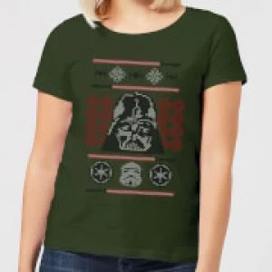 Image of Star Wars Darth Vader Face Knit Womens Christmas T-Shirt - Forest Green - S
