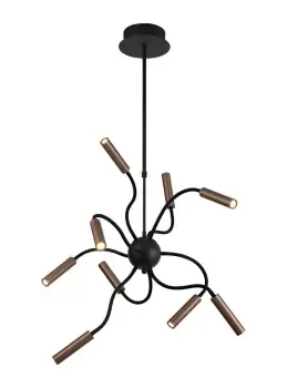 Image of Sputnik Ceiling Pendant, 9 Light Adjustable Arms, 9 x 4W LED Dimmable, 3000K, 2250lm, Black, Satin Copper