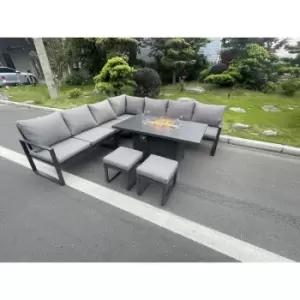 Image of Fimous 7 Seater Outdoor Dark Grey Aluminum Corner Sofa Complete Dining Set with Gas Fire Pit and 2 Stools