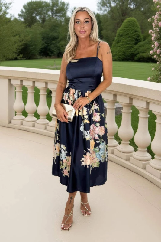 Image of AX Paris Womens Navy Floral Print Detail Strappy Midi Dress Size: 10 Navy Female 10