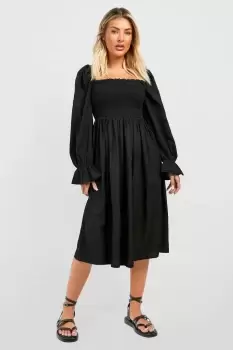 Image of Puff Sleeve Shirred Midi Dress