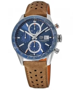 Image of Tag Heuer Carrera Calibre 16 Chronograph Blue Dial Ceramic Bezel Leather Strap Mens Watch CBM2112.FC6455 CBM2112.FC6455