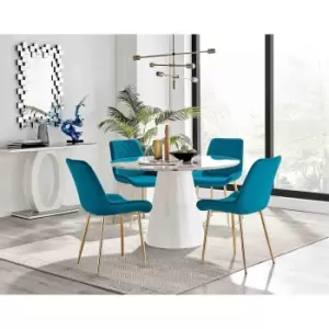Image of Furniture Box Palma White Marble Effect Round Dining Table and 4 Blue Pesaro Gold Leg Chairs