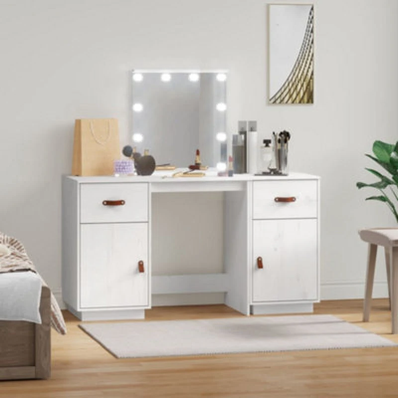 Image of vidaXL Dressing Table Set with LED White Solid Wood Pine, White 3107840