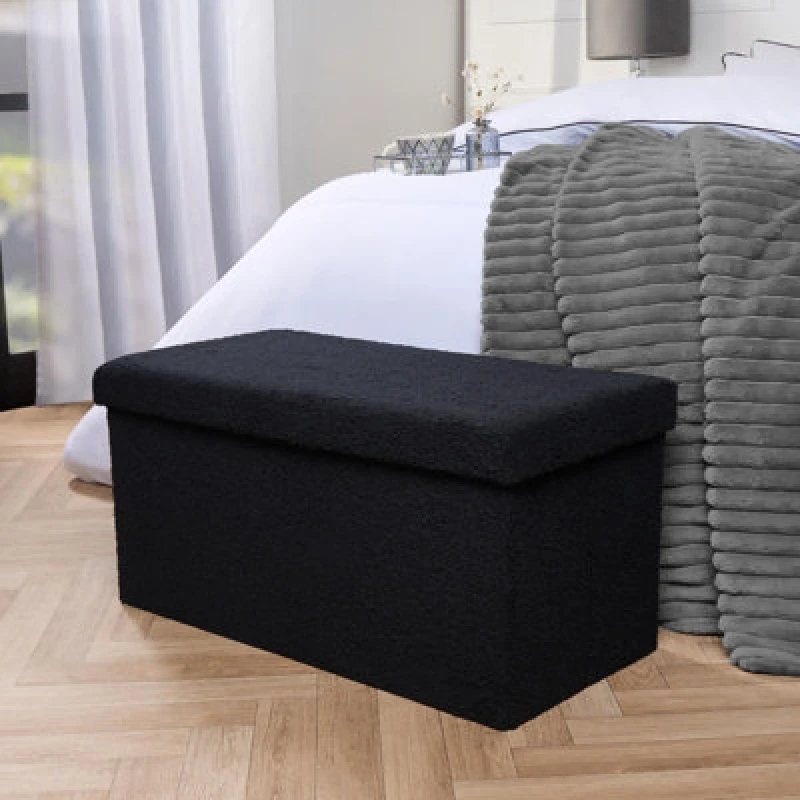 Image of OHS OHS Ottoman Storage Box Folding Footstool Space Saving Boucle - Black One Size Unisex 5027434215775