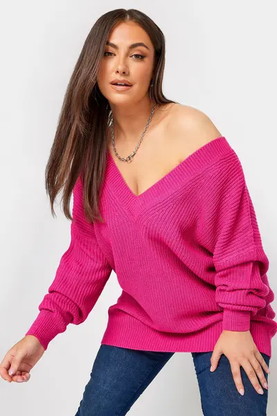 Image of Yours Double V Neck Jumper Pink