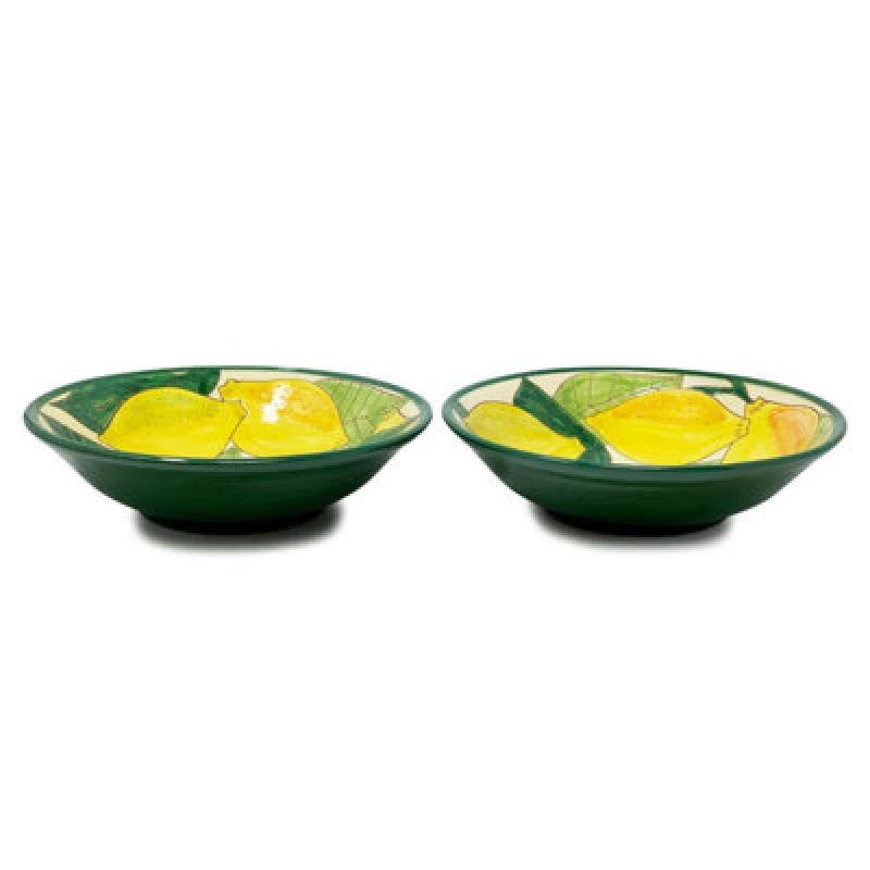 Image of Verano Spanish Ceramics Signature Lemons Hand Painted Ceramic Kitchen Dining Set of 2 Pasta Bowls (Diam) 23cm Multi