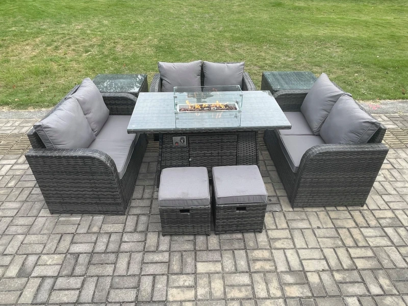 Image of Fimous 8 Seater Outdoor Rattan Furniture Garden Dining Set Gas Fire Pit Table with Side Table Love Sofa 2 Small Footstools Dark Grey