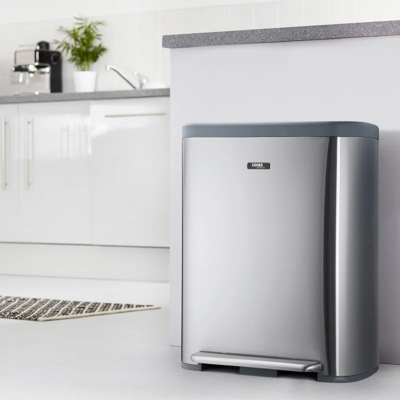 Image of Cooks Professional Dual Compartment Bin 60L with Single Pedal & Soft Close Lid in Silver Silver Unisex