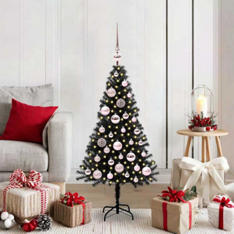 Image of vidaXL Christmas Tree with 150 LEDs, Pink Balls with Stand Black 120cm PVC, Black 3396458
